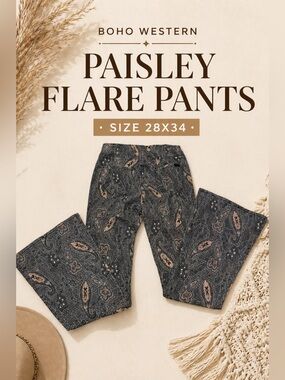 Rock & Roll Denim Paisley Flare Pants Boho Western Festival 28x34